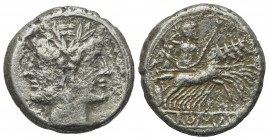 Anonymous, Rome, c. 225-212 BC. AR Quadrigatus (19mm, 5.24g, 2h). Laureate head of Janus. R/ Jupiter, holding sceptre and thunderbolt, in quadriga dri...