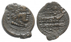 Anonymous, Uncertain mint, after 211 BC. Æ Quadrans (18mm, 3.20g, 12h). Head of Hercules r., wearing lion skin; three pellets to l. R/ Prow r.; [RO]MA...