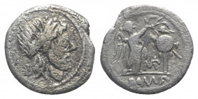 MP series, Uncertain mint, 211-208 BC. AR Victoriatus (15mm, 2.87g, 11h). Laureate head of Jupiter r. R/ Victory standing r., crowning trophy; MP mono...