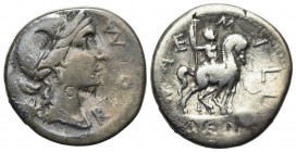 Man. Aemilius Lepidus, Rome, 114-113 BC. AR Denarius (18mm, 3.78g, 7h). Diademed and draped bust of Roma r. R/ Equestrian statue r. on pedestal with t...