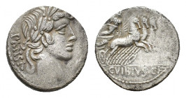 C. Vibius C. f. Pansa, Rome, 90 BC. AR Denarius (17,05 mm, 3,65 g). Laureate head of Apollo r. R/ Minerva driving galloping quadriga r., holding troph...