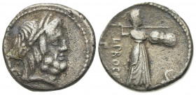 L. Procilius, Rome, 80 BC. AR Denarius (17.5mm, 3.69g, 12h). Laureate head of Jupiter r. R/ Juno Sospita walking r., hurling spear and holding shield;...