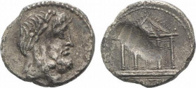 M. Volteius M.f. 75 BC. AR Denarius (17mm, 3.81 g, 9h). Rome mint. Laureate and bearded head of Jupiter right / Tetrastyle temple of Jupiter Capitolin...