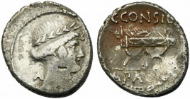 Roman Imperatorial, C. Considius Paetus, Rome, 46 BC. AR Denarius (17mm, 3.23g). Laureate head of Apollo r.; A behind. R/ Curule chair. Crawford 465/2...