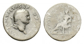 Vespasian (AD 69-79). AR Denarius (17 mm, 3,11 g). Rome, AD 77-78. Laureate head r. R/ Annona seated l., holding grain ears and resting l. elbow on ba...