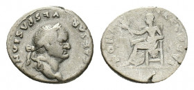 Vespasian (AD 69-79). AR Denarius (17,73 mm, 3,18 g). Rome, AD 75. Laureate head r. R/ Pax seated l., resting left elbow on throne and holding branch....