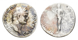 Domitian (Caesar, 69-81). AR Denarius (18,06 mm, 3,34 g). Rome, AD 75. Laureate head r. R/ Spes advancing l., holding flower and raising hem of skirt....