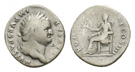 Titus as Caesar (AD 69-79), Denarius struck under Vespasian. AR (17,56 mm, 2,97 g). Rome, AD 75. Laureate head of Titus r. R/ Pax seated l., holding b...