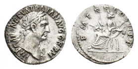Trajan (AD 98-117). AR Denarius (18,12 mm, 3,36 g). Rome, AD 99. Laureate head r. R/ Abundantia seated l. on throne formed of two cornucopiae, holding...