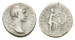Trajan (AD 98-117). AR Denarius (17,28 mm, 3,23 g). Rome, AD 111. Laureate bust r., slight drapery. R/ Victory standing r., foot on step, inscribing s...