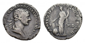 Trajan (AD 98-117). AR Denarius (18,23 mm, 3,13 g). Rome, AD 116-167. Laureate and draped bust r. R/ Providentia standing facing, head l., leaning on ...