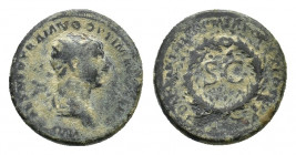 Trajan (AD 98-117). Æ Semis (18,45 mm, 4,89 g). Rome, for use in Syria, AD 116. Radiate and draped bust r. R/ Legend around oak wreath, S·C within. RI...