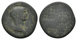 Trajan (AD 98-117). Æ Sestertius (32,00 mm, 25,45 g). Rome, AD 114-116. Laureate and draped bust r. R/ Trajan seated r. on platform, accompanied by tw...
