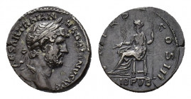 Hadrian (AD 117-138). AR Denarius (17,05 mm, 3,17 g). Rome, AD 119-125. Laureate and draped bust r. R/ Libertas seated l., holding branch and sceptre;...