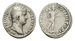 Hadrian (AD 117-138). AR Denarius (16,61 mm, 3,23 g). Rome, AD 134-138. Laureate head r. R/ Romulus in military dress advancing r., holding spear and ...