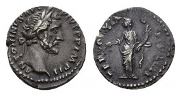 Antoninus Pius (AD.138-161). AR Denarius (16,95 mm, 3,08 g). Rome, AD 156. Laureate head r. R/ Pax standing l., holding olive branch and cornucopiae. ...