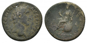 Antoninus Pius (AD 138-161). Æ Sestertius (31,66 mm; 24,20 g). Rome, AD 140. Laureate head r. R/ Italia seated l. on globe, holding cornucopia and sce...