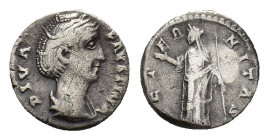 Diva Faustina I (died 140/1). AR Denarius (15,83 mm, 3,56 g). Rome, after AD 141. Draped bust r. R/ Aeternitas standing facing, head l., raising hand ...