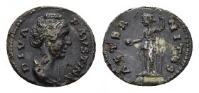 Diva Faustina I (died 140/1). AR Denarius (18,28 mm, 2,76 g). Rome, after AD 141. Draped bust r. R/ Fortuna standing facing, head l., holding globe an...