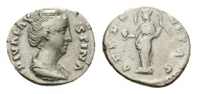 Diva Faustina I, Denarius struck under Antoninus Pius. AR (17,06 mm, 3,15 g). Rome, after AD 141. Draped bust r. R/ Aeternitas standing l., holding gl...