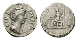 Diva Faustina I, Denarius struck under Antoninus Pius. AR (17,28 mm, 3,26 g). Rome, after AD 141. Draped bust r. R/ Ceres seated l., holding torch and...
