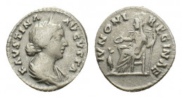 Faustina Junior (Augusta, 147-175). AR Denarius (16,72 mm, 3,27 g). Rome, AD 165-175. Diademed and draped bust r. R/ Juno veiled, seated l., holding p...