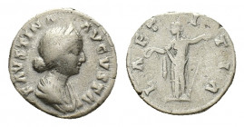 Faustina Junior (Augusta, 147-175). AR Denarius (17,00 mm, 3,43 g). Rome, AD 161-180. Diademed and draped bust r. R/ LAETITIA, Laetitia standing l., h...