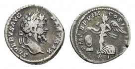 Septimius Severus (AD 193-211). AR Denarius (18,12 mm, 3,52 g), Rome, AD 198-200. Laureate head r. R/ Victory advancing l., holding a wreath; in l. fi...