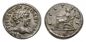 Septimius Severus (AD 193-211). AR Denarius (18,67 mm, 2,67 g). Laodicea ad Mare, AD 198-202. Laureate head r. R/ Iustitia seated l., holding sceptre ...