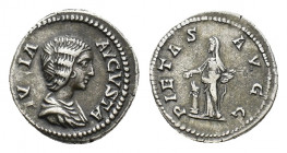 Julia Domna (Augusta, 193-217). AR Denarius (). Rome, AD 196-211. Draped bust r., R/ Pietas standing l., holding box and dropping incense on altar. RI...
