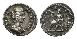 Julia Domna (Augusta, 193-217). AR Denarius (18,01 mm, 3,23 g). Rome, AD. Draped bust r. R/ Fortuna seated l. on throne, holding cornucopiae and rudde...