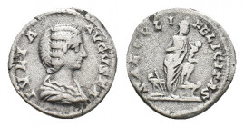 Julia Domna (Augusta, 193-217). AR Denarius (17,45 mm, 2,88 g). Rome, AD 196-211. Draped bust r. R/ Isis standing r., foot on prow, with the infant Ho...