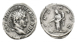 Caracalla (AD 198-217). AR Denarius (17,56 mm, 2,61 g). Rome, AD 212-213. Laureate head r. R/ Moneta standing l., holding scales and cornucopiae. RIC ...