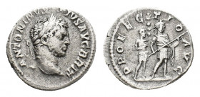 Caracalla (AD 198-217). AD Denarius (18,01 mm, 2,64 g). Rome, AD 210-213. Laureate head r. R/ Emperor in military attire with spear to right, behind h...