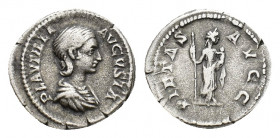 Plautilla (Augusta, 202-205). AR Denarius (19,01 mm, 3,49 g). Rome, AD 202-205. Draped bust r. / Pietas standing r., holding sceptre and child. RIC 36...