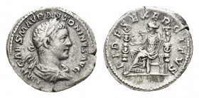 Elagabalus (AD 218-222). AR Denarius (18,79 mm, 3,00 g). Rome, AD 218-222. Laureate, draped and cuirassed bust r. R/ Fides seated l, holding eagle and...