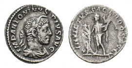 Elagabalus (AD 218-222). AR Denarius (17,62 mm, 3,02 g). Rome, AD 220-222. Laureate and draped bust r., horn over forehead. R/ Elagabalus standing fac...