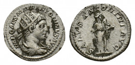 Elagabalus (AD 218-222). AR Antoninianus (21,68 mm, 4,05 g). Rome, AD 218-222. Radiate, draped and cuirassed bust r. R/ Salus standing r. feeding a sn...