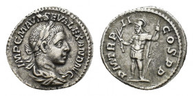 Severus Alexander (AD 222-235). AR Denarius (18,45 mm, 2,87 g). Rome, AD 223. Laureate and draped bust r. R/ Mars standing facing, head l., holding ol...