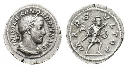 Severus Alexander (AD 222-235). AR Denarius (19,79 mm, 2,49 g). Rome, AD 231-235. Laureate, draped and cuirassed bust r. R/ Mars advancing r., holding...