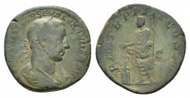 Severus Alexander (AD 222-235). Æ Sestertius (30,16 mm, 19,89 g). Rome, AD 225. Laureate and draped bust r. R/ Alexander standing l., holding volumen ...