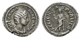 Julia Mamaea (Augusta, 225-235). AR Denarius (20,35 mm, 2,87 g). Rome, AD 228. Draped bust r. R/ Felicitas standing l., leaning on column and holding ...