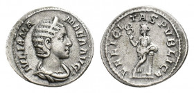 Julia Mamaea (Augusta, 225-235). AR Denarius (19,09 mm, 3,16 g). Rome, AD 228. Draped bust r. R/ Felicitas standing l., leaning on column and holding ...