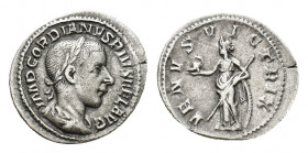 Gordian III (AD 238-244). AR Denarius (19,79 mm, 2,88 g), Rome, AD 240. Laureate, draped and cuirassed bust r. R/ Venus standing l, holding helmet and...