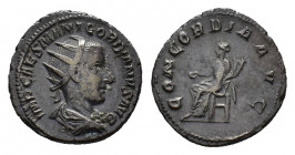 Gordian III (AD 238-244). AR Antoninianus (21,02 mm, 4,35 g). Rome, AD 240. Radiate, draped and cuirassed bust r. R/ Concordia seated l., holding pate...