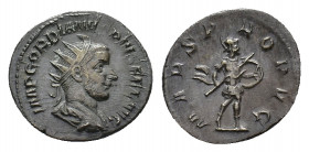 Gordian III (AD 238-244). AR Antoninianus (21,74 mm, 3,37 g). Rome, AD 243-244. Radiate and cuirassed bust r. R/ Mars walking r., holding shield and s...