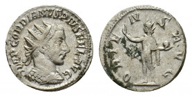 Gordian III (AD 238-244). AR Antoninianus (21,24 mm, 3,80 g). Antioch, AD 242-244. Radiate and cuirassed bust r. R/ Sol standing front, head l., raisi...
