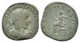 Gordian III (AD 238-244). Æ Sestertius (28,49 mm,  20,77 g). Rome. Laureate, draped and cuirassed bust r. R/ Apollo, bare to waist, seated l., holding...