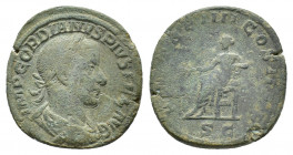 Gordian III (AD 238-244). Æ Sestertius (29,32 mm, 17,44 g), Roma, AD 242. Laureate, draped and cuirassed bust r. R/ Apollo seated l., holding brancht ...