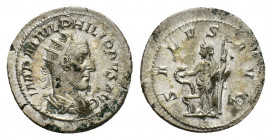 Philip I (AD 244-249). AR Antoninianus (23,36 mm, 4,72 g). Rome, AD 244. Radiate, draped, and cuirassed bust r. R/ Salus standing l., feeding from pat...